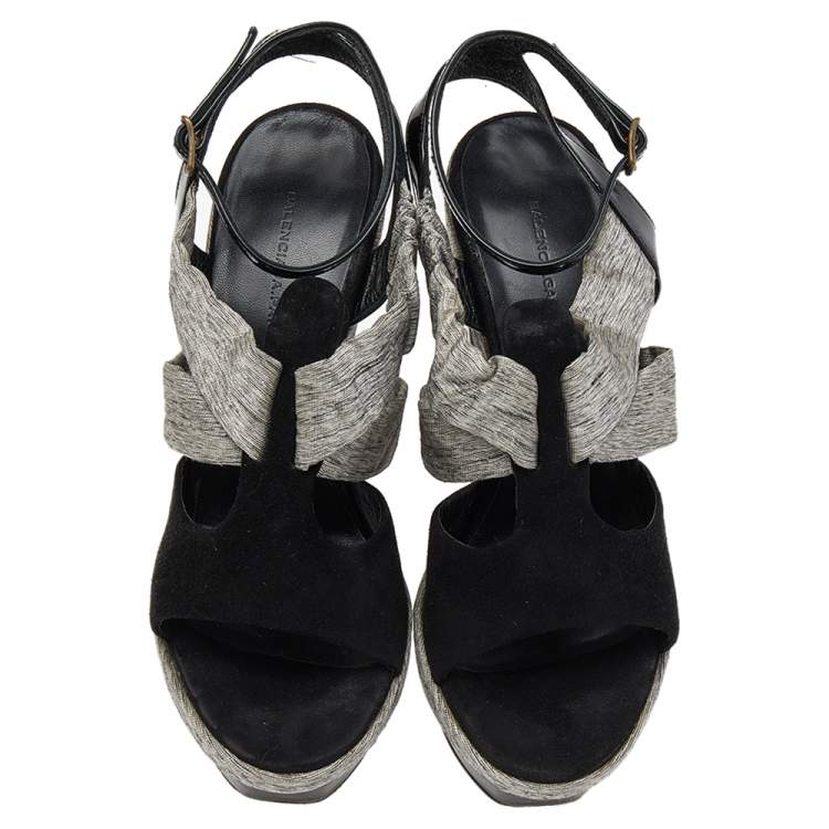 Pre Owned Balenciaga Black/Grey Fabric And Suede Open Toe Slingback Sandals Size 36