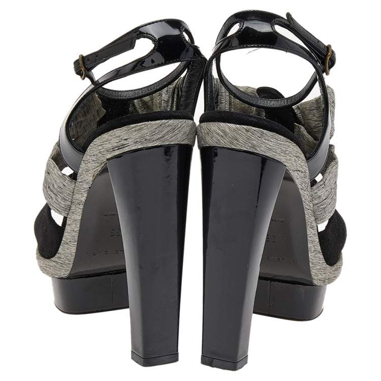 Pre Owned Balenciaga Black/Grey Fabric And Suede Open Toe Slingback Sandals Size 36