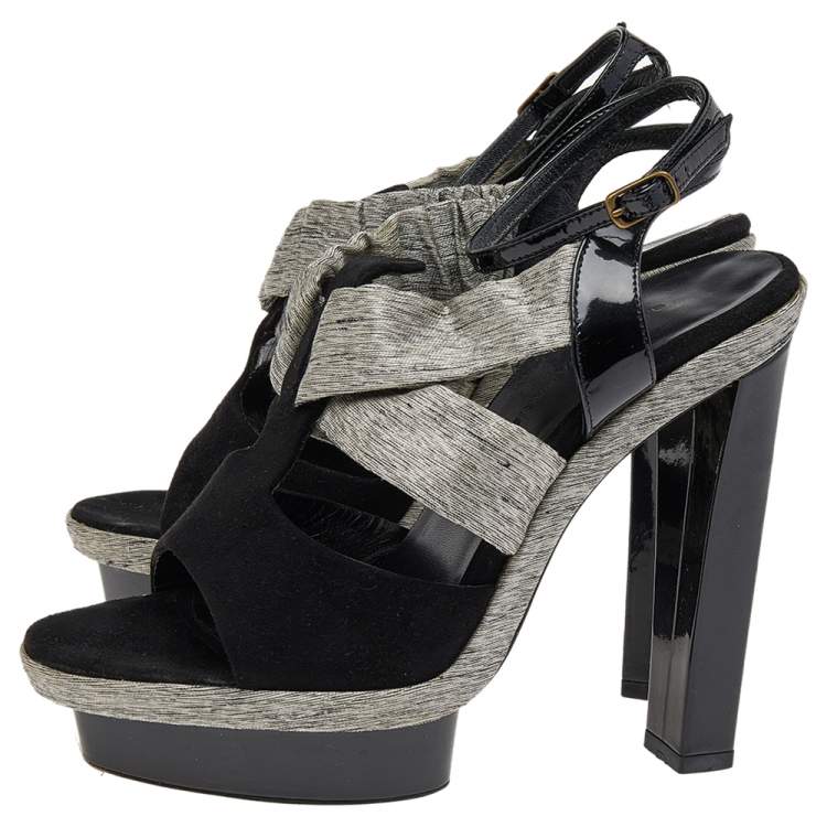 Pre Owned Balenciaga Black/Grey Fabric And Suede Open Toe Slingback Sandals Size 36