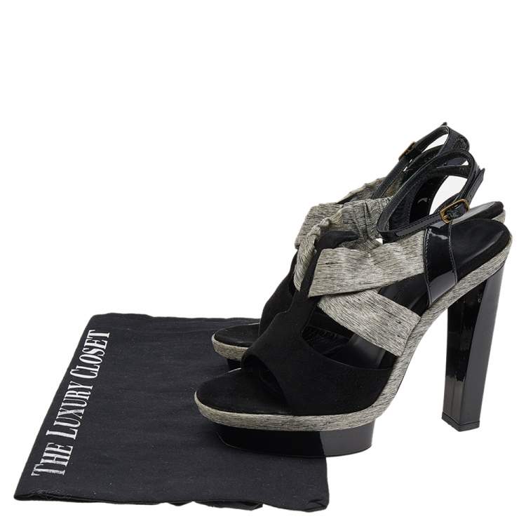 Pre Owned Balenciaga Black/Grey Fabric And Suede Open Toe Slingback Sandals Size 36