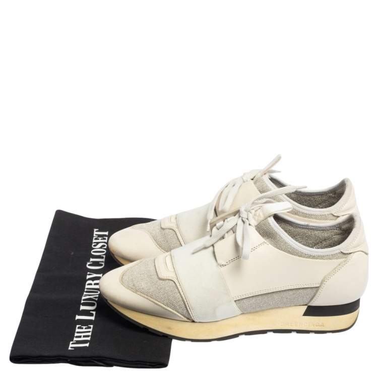 Pre Owned Balenciaga Off White/Grey Leather And Fabric Race Runner Sneakers Size 37