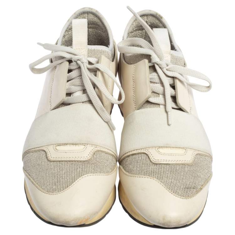 Pre Owned Balenciaga Off White/Grey Leather And Fabric Race Runner Sneakers Size 37