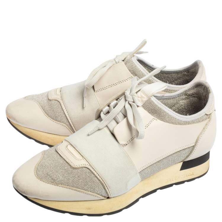 Pre Owned Balenciaga Off White/Grey Leather And Fabric Race Runner Sneakers Size 37