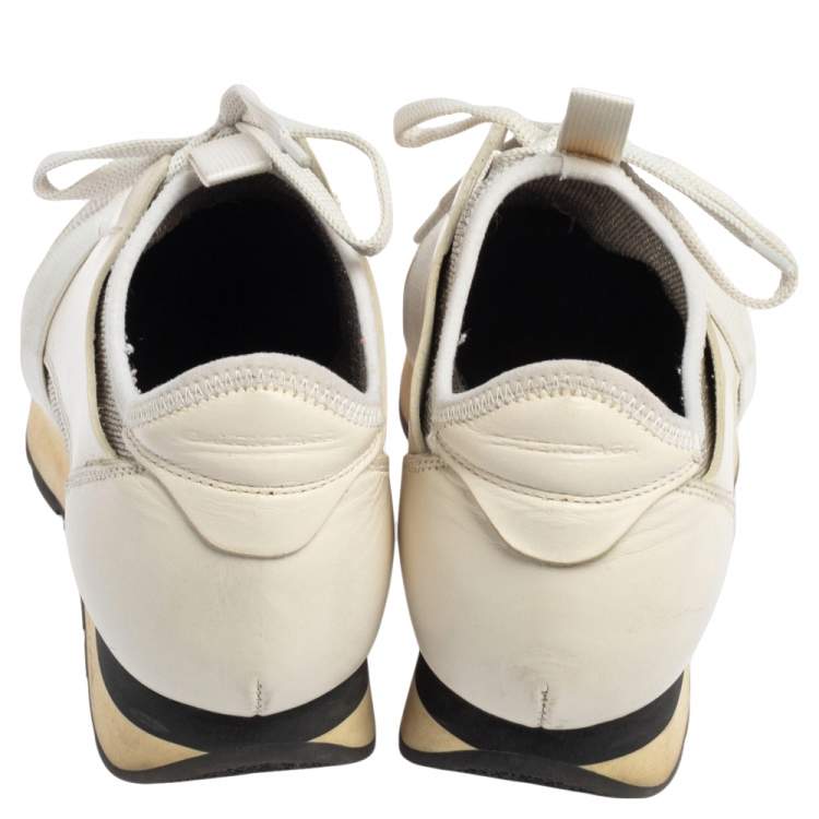 Pre Owned Balenciaga Off White/Grey Leather And Fabric Race Runner Sneakers Size 37