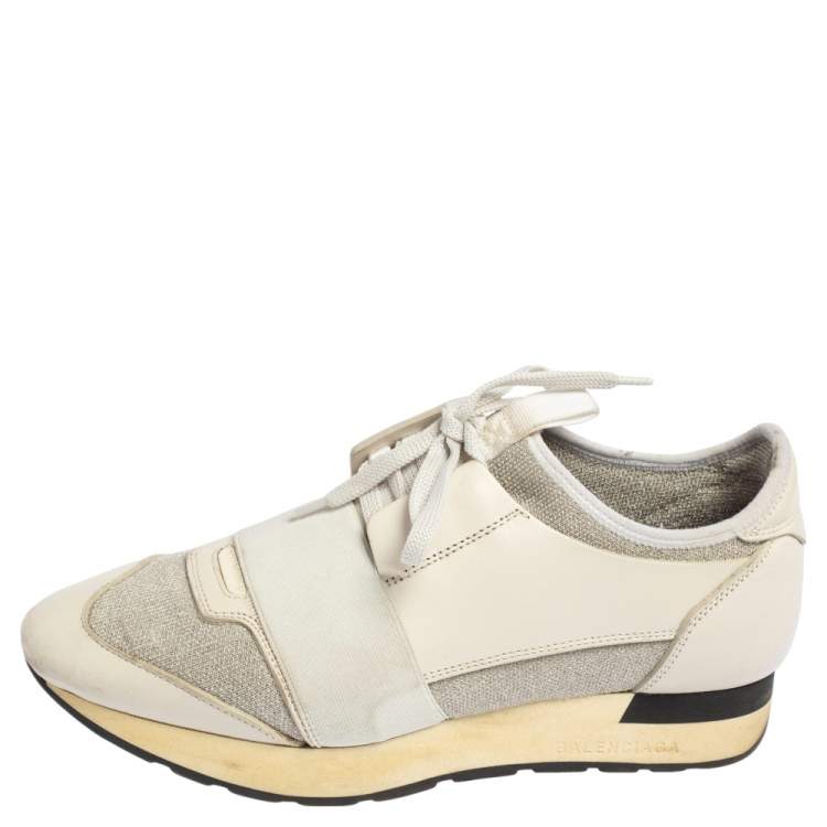 Pre Owned Balenciaga Off White/Grey Leather And Fabric Race Runner Sneakers Size 37