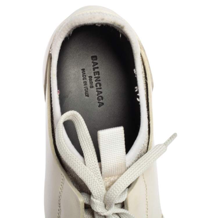 Pre Owned Balenciaga Off White/Grey Leather And Fabric Race Runner Sneakers Size 37
