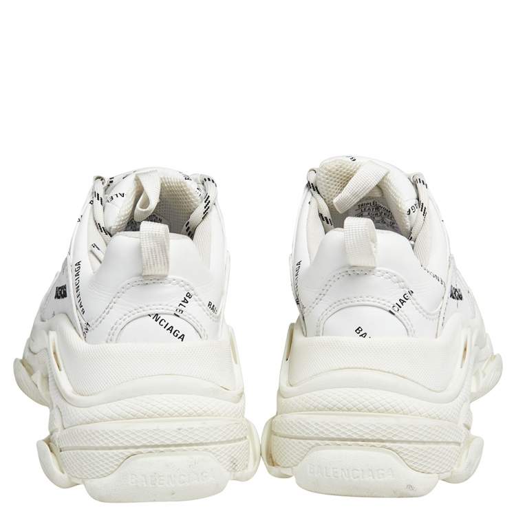 Pre Owned Balenciaga White Leather Triple S All Over Logo Low Top Sneakers Size 36