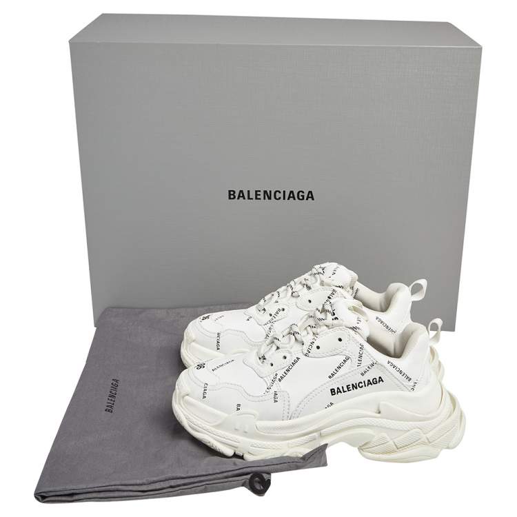 Pre Owned Balenciaga White Leather Triple S All Over Logo Low Top Sneakers Size 36