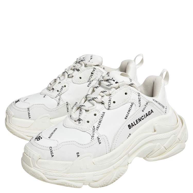Pre Owned Balenciaga White Leather Triple S All Over Logo Low Top Sneakers Size 36