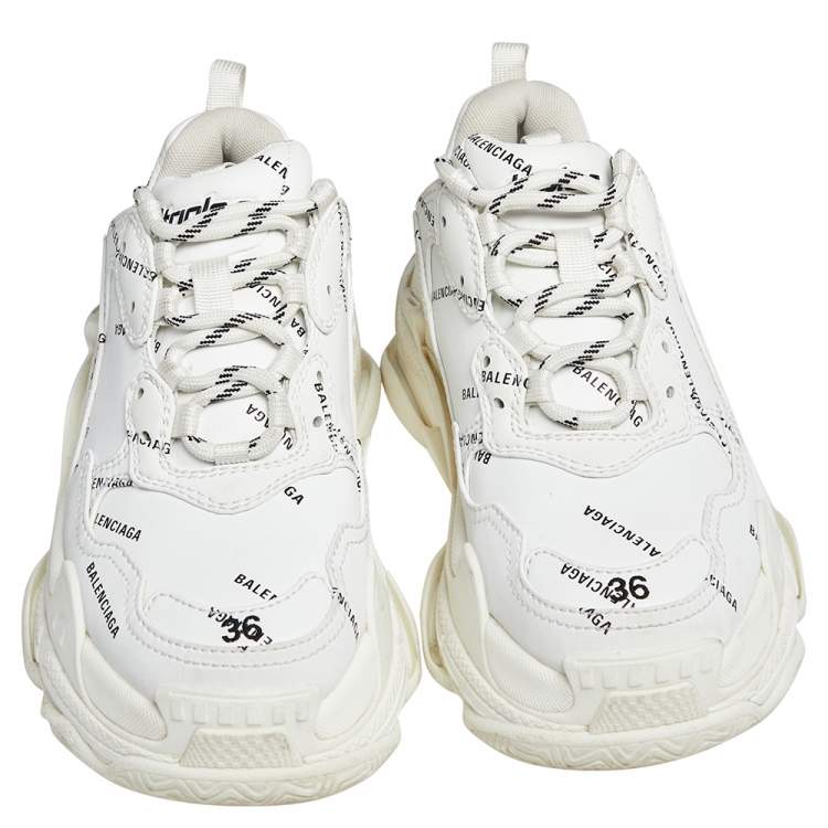 Pre Owned Balenciaga White Leather Triple S All Over Logo Low Top Sneakers Size 36