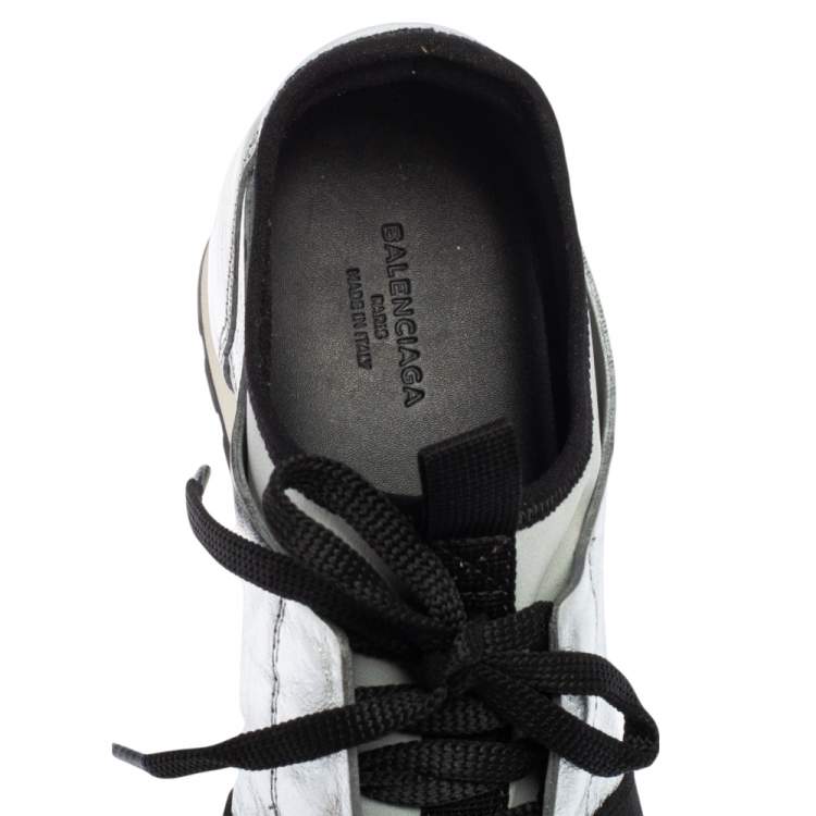 Pre Owned Balenciaga Silver/Grey Leather And Fabric Race Runner  Sneakers Size 36