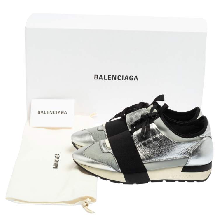 Pre Owned Balenciaga Silver/Grey Leather And Fabric Race Runner  Sneakers Size 36