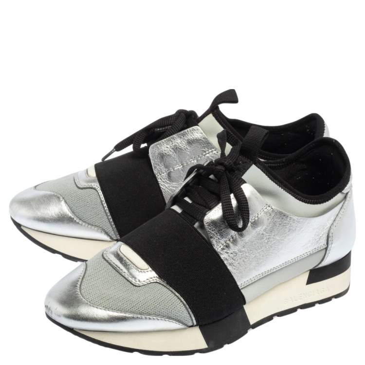 Pre Owned Balenciaga Silver/Grey Leather And Fabric Race Runner  Sneakers Size 36