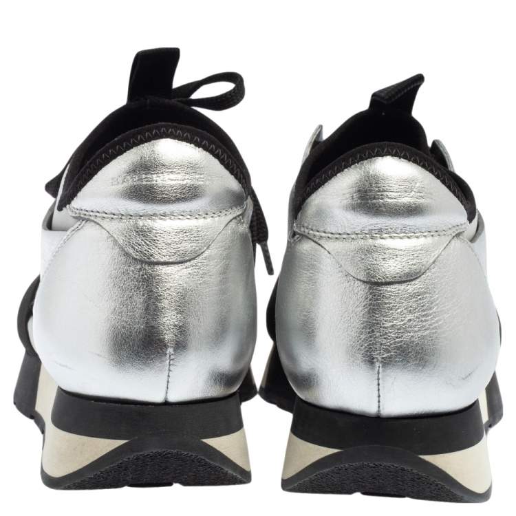 Pre Owned Balenciaga Silver/Grey Leather And Fabric Race Runner  Sneakers Size 36