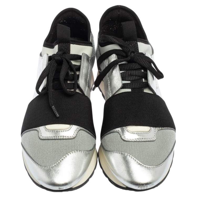 Pre Owned Balenciaga Silver/Grey Leather And Fabric Race Runner  Sneakers Size 36