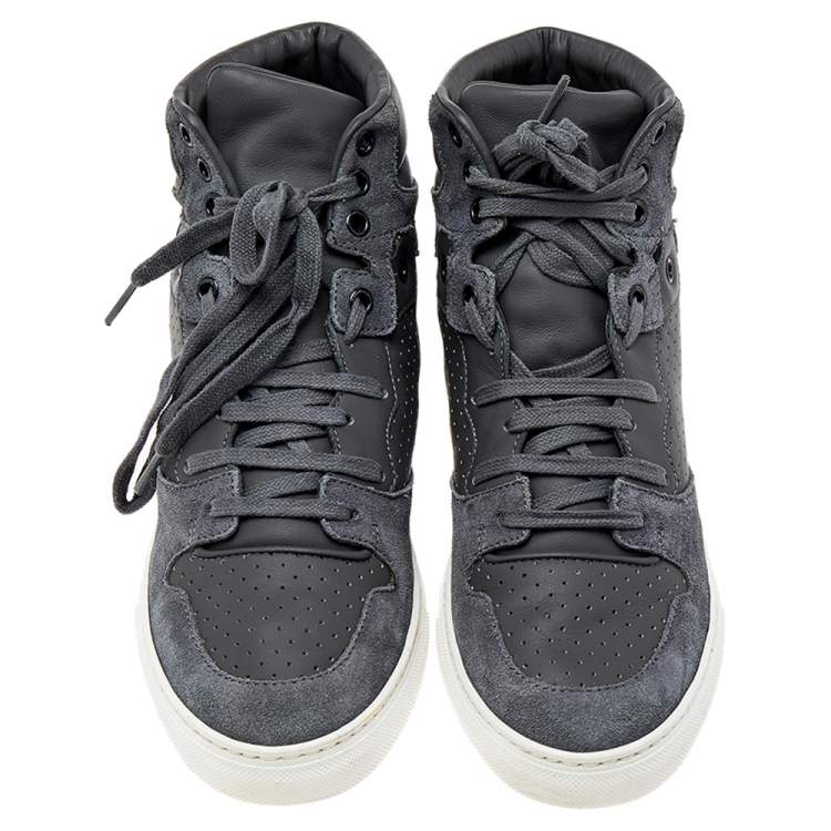 Pre Owned Balenciaga Grey Suede And Perforated Leather High Top Sneakers Size 38