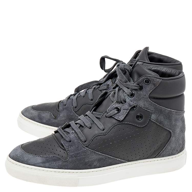 Pre Owned Balenciaga Grey Suede And Perforated Leather High Top Sneakers Size 38