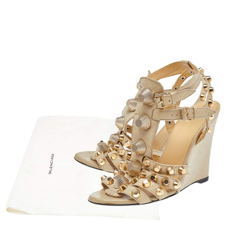 Pre Owned Balenciaga Beige Leather Arena Wedge Sandals Size 39