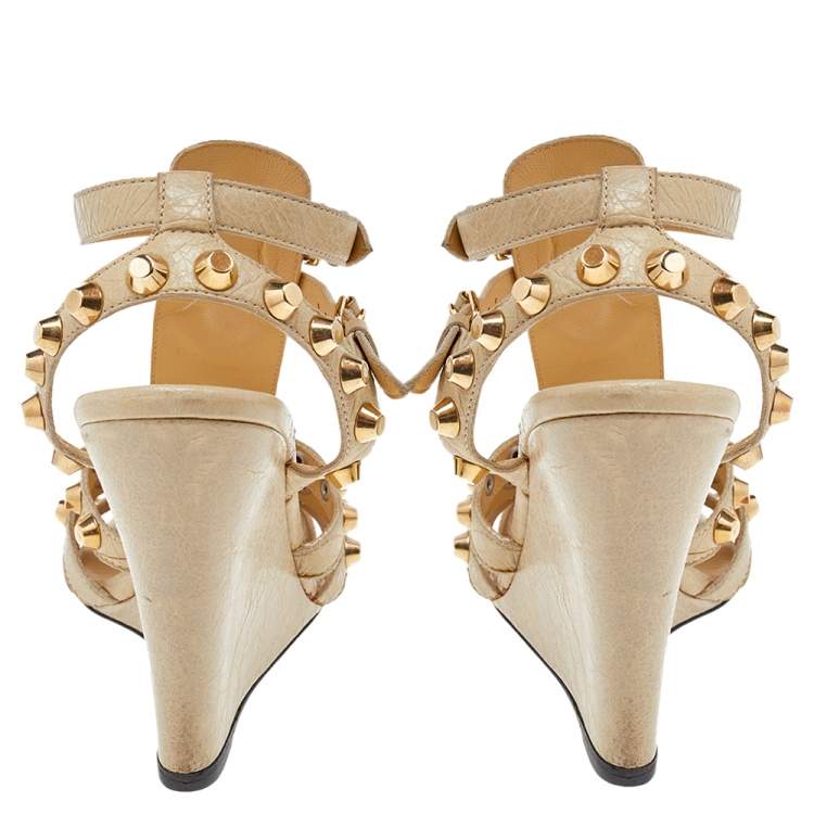 Pre Owned Balenciaga Beige Leather Arena Wedge Sandals Size 39