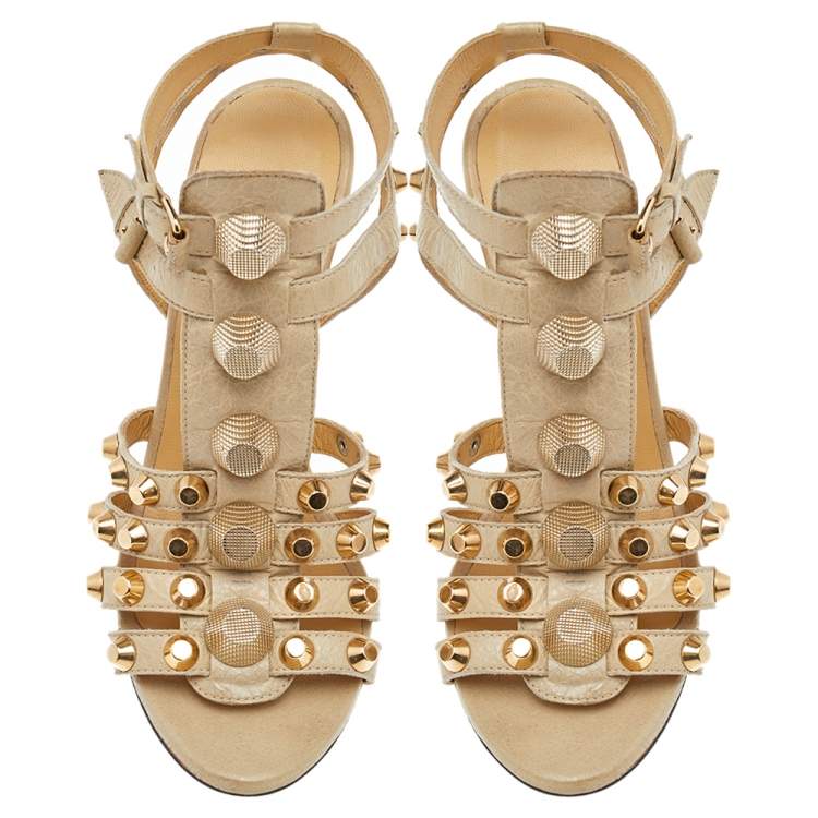 Pre Owned Balenciaga Beige Leather Arena Wedge Sandals Size 39