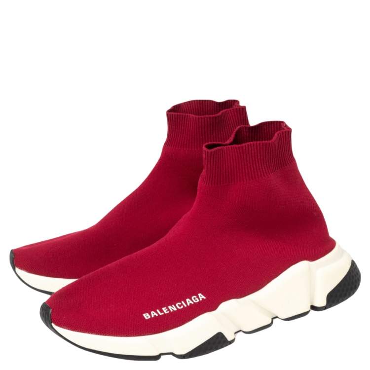 Pre Owned Balenciaga Red Knit Fabric Speed Trainer High Top Sneakers Size 38
