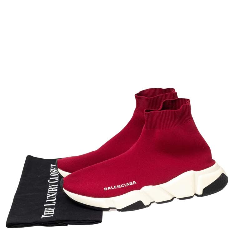 Pre Owned Balenciaga Red Knit Fabric Speed Trainer High Top Sneakers Size 38