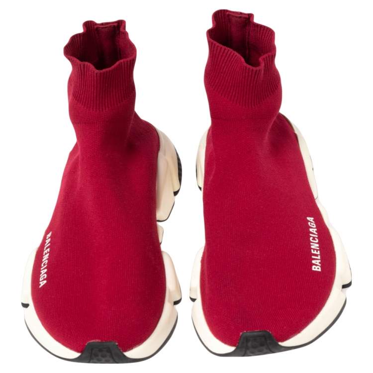Pre Owned Balenciaga Red Knit Fabric Speed Trainer High Top Sneakers Size 38