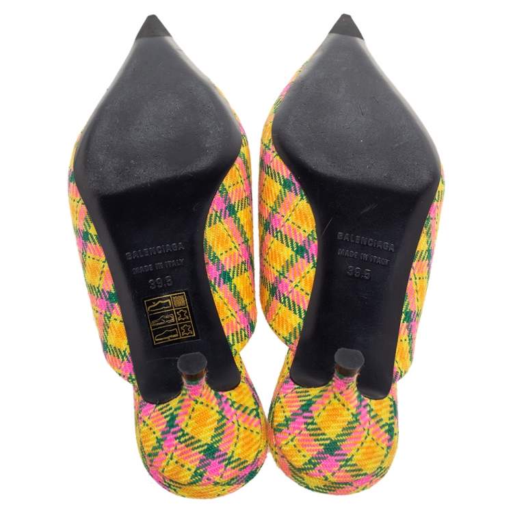 Pre Owned Balenciaga Multicolor Tweed Knife Logo Pointed Toe Mule Sandals Size 39.5