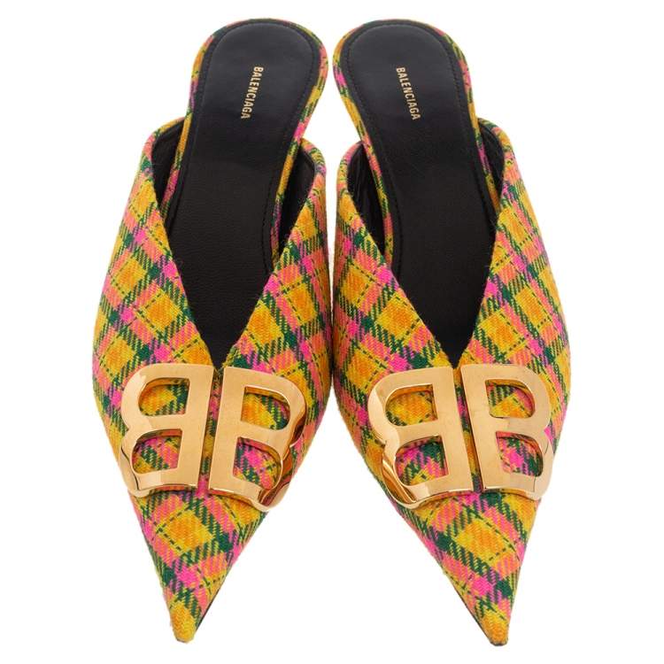 Pre Owned Balenciaga Multicolor Tweed Knife Logo Pointed Toe Mule Sandals Size 39.5