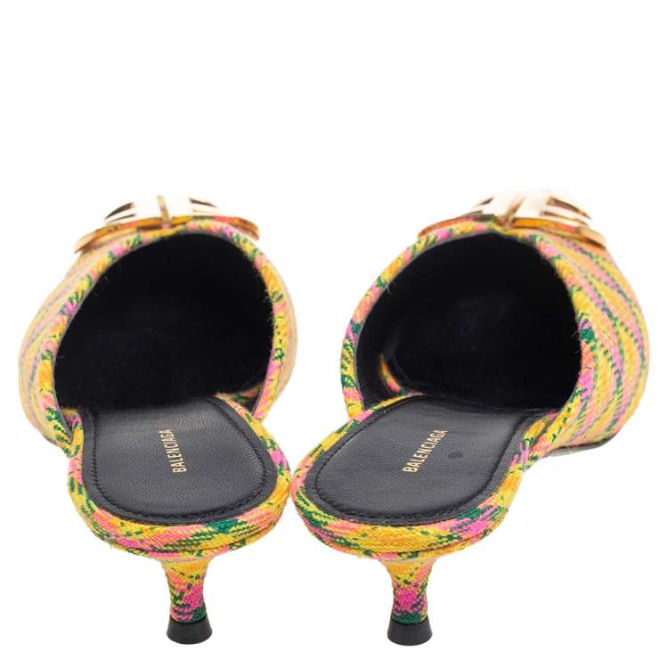 Pre Owned Balenciaga Multicolor Tweed Knife Logo Pointed Toe Mule Sandals Size 39.5