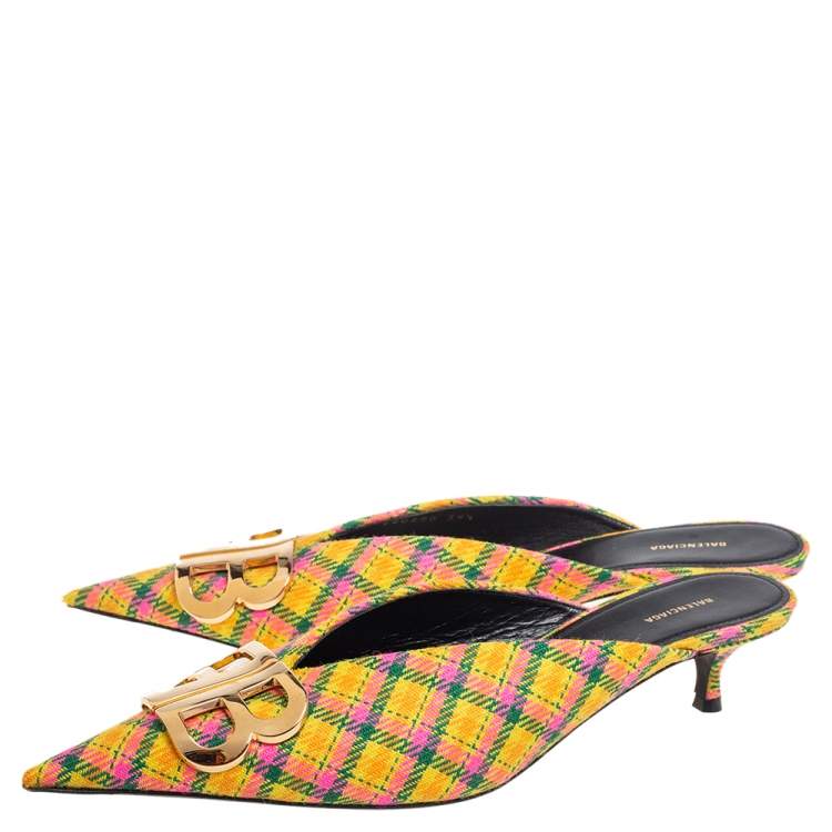 Pre Owned Balenciaga Multicolor Tweed Knife Logo Pointed Toe Mule Sandals Size 39.5