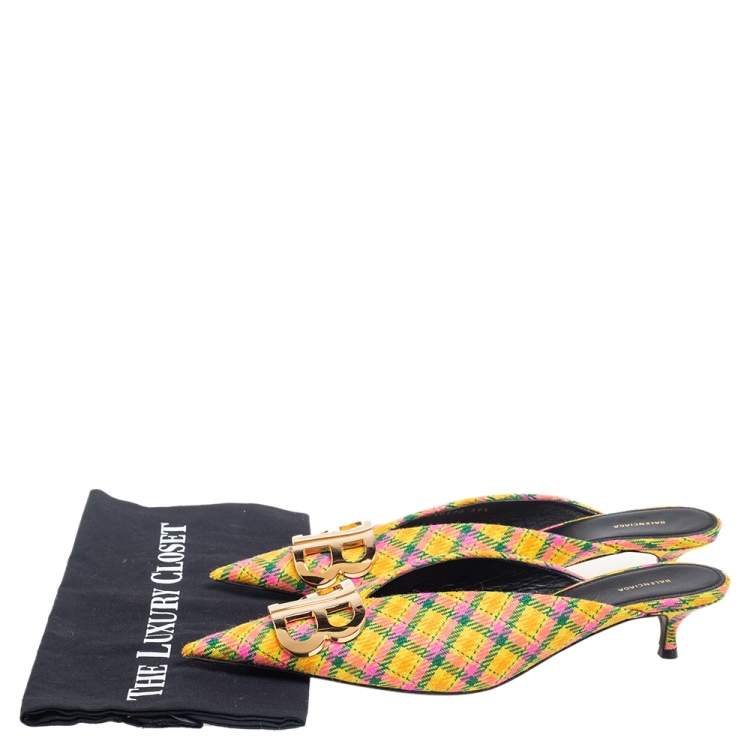 Pre Owned Balenciaga Multicolor Tweed Knife Logo Pointed Toe Mule Sandals Size 39.5