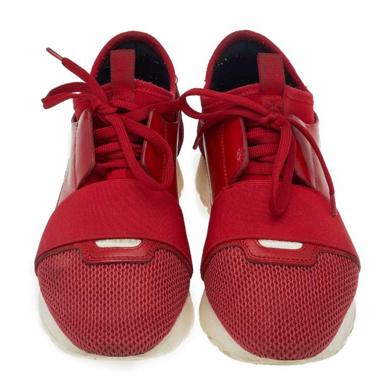 Pre Owned Balenciaga Red Mesh And Leather Race Runner Low Top Sneakers Size 39 