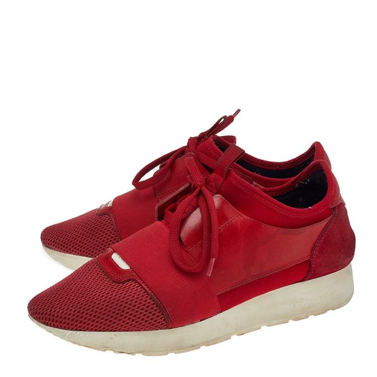 Pre Owned Balenciaga Red Mesh And Leather Race Runner Low Top Sneakers Size 39 
