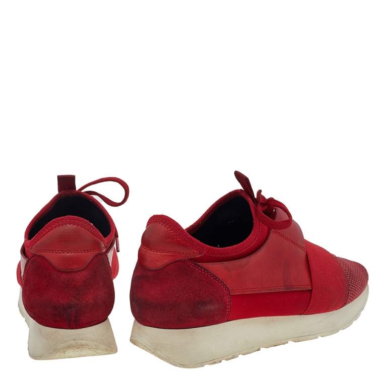 Pre Owned Balenciaga Red Mesh And Leather Race Runner Low Top Sneakers Size 39 