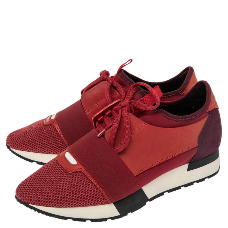 Pre Owned Balenciaga Red Leather And Mesh Race Runner Sneakers Size 40