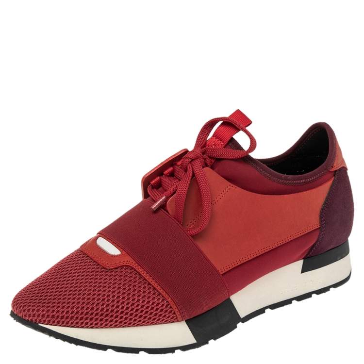 Pre Owned Balenciaga Red Leather And Mesh Race Runner Sneakers Size 40