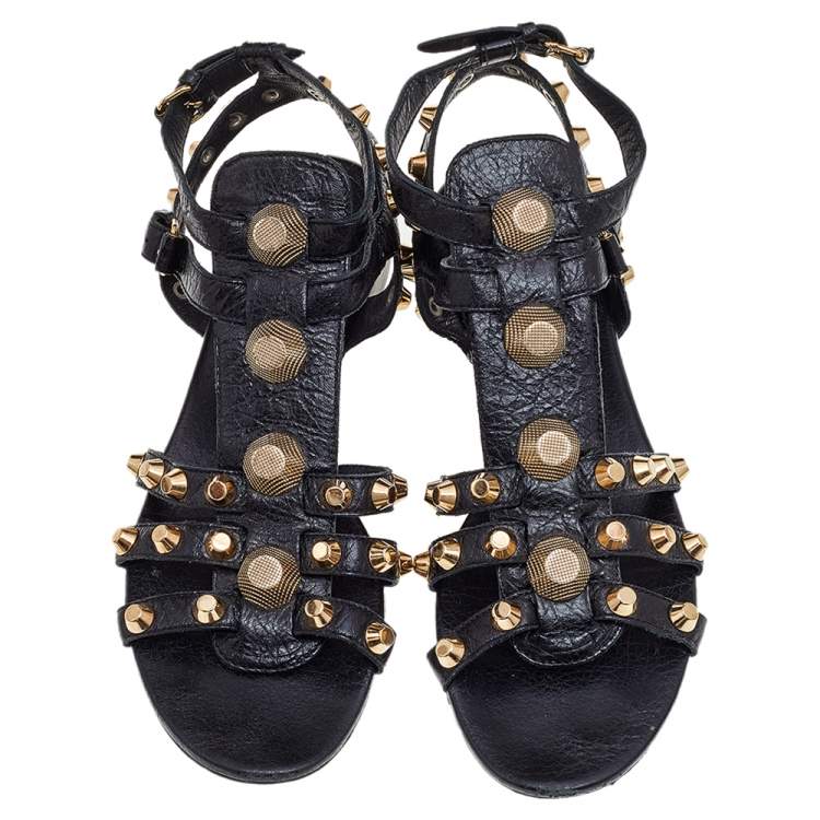 Pre Owned Balenciaga Black Leather Studded Ankle Strap Flat Sandals Size 41