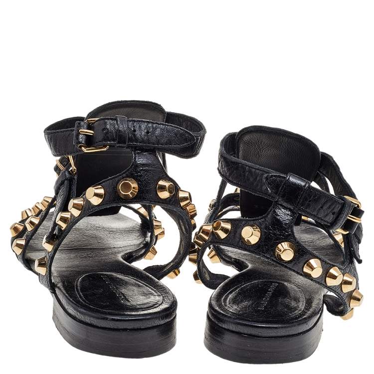 Pre Owned Balenciaga Black Leather Studded Ankle Strap Flat Sandals Size 41