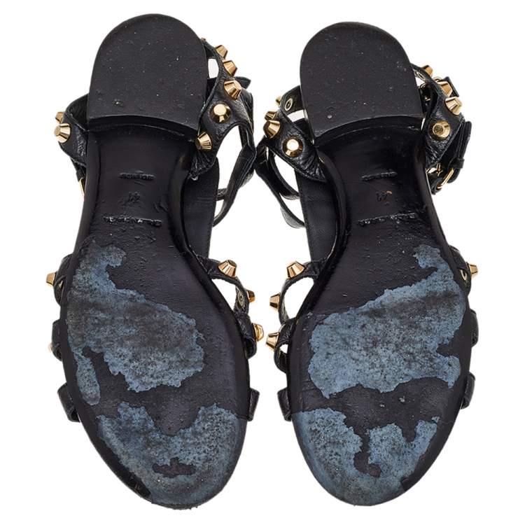 Pre Owned Balenciaga Black Leather Studded Ankle Strap Flat Sandals Size 41