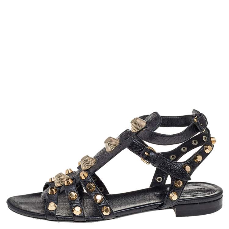 Pre Owned Balenciaga Black Leather Studded Ankle Strap Flat Sandals Size 41