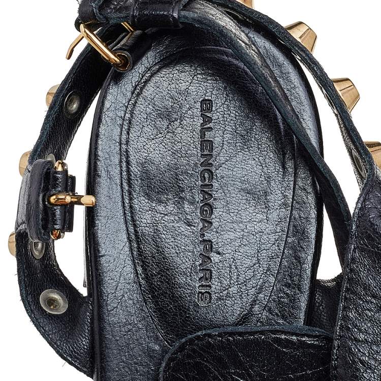 Pre Owned Balenciaga Black Leather Studded Ankle Strap Flat Sandals Size 41
