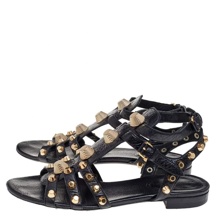 Pre Owned Balenciaga Black Leather Studded Ankle Strap Flat Sandals Size 41