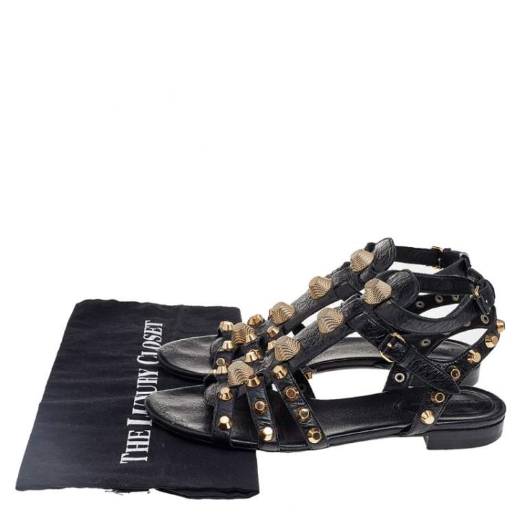 Pre Owned Balenciaga Black Leather Studded Ankle Strap Flat Sandals Size 41