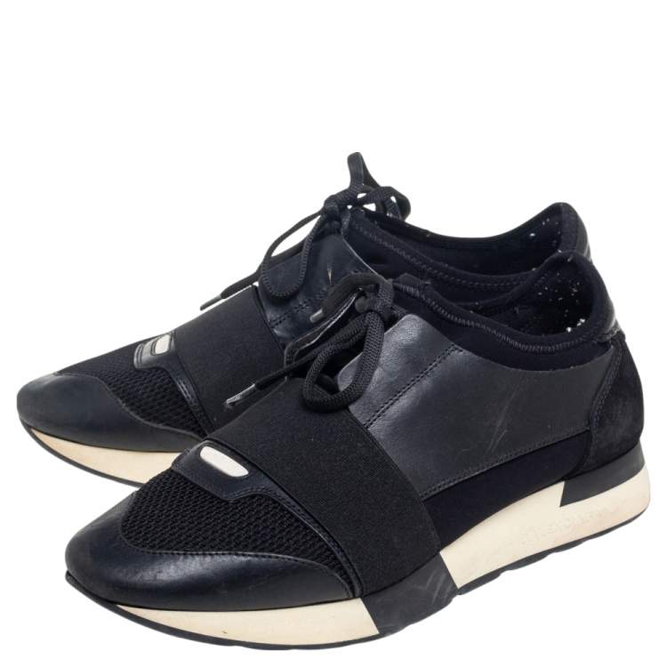 Pre Owned Balenciaga Black Leather And Mesh Race Runner Sneakers Size 38