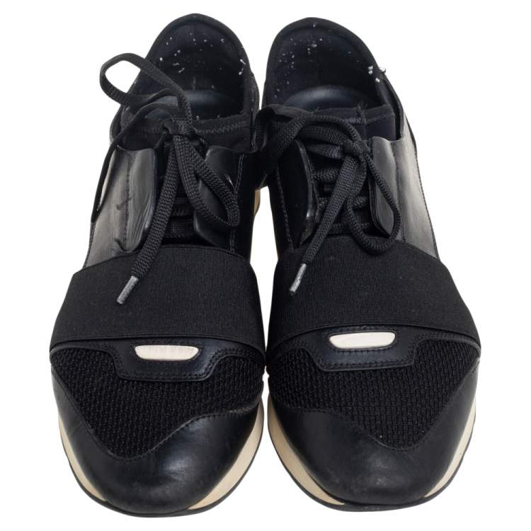 Pre Owned Balenciaga Black Leather And Mesh Race Runner Sneakers Size 38
