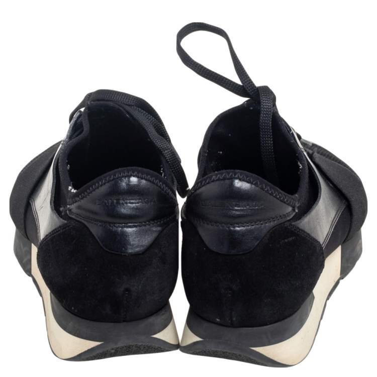 Pre Owned Balenciaga Black Leather And Mesh Race Runner Sneakers Size 38