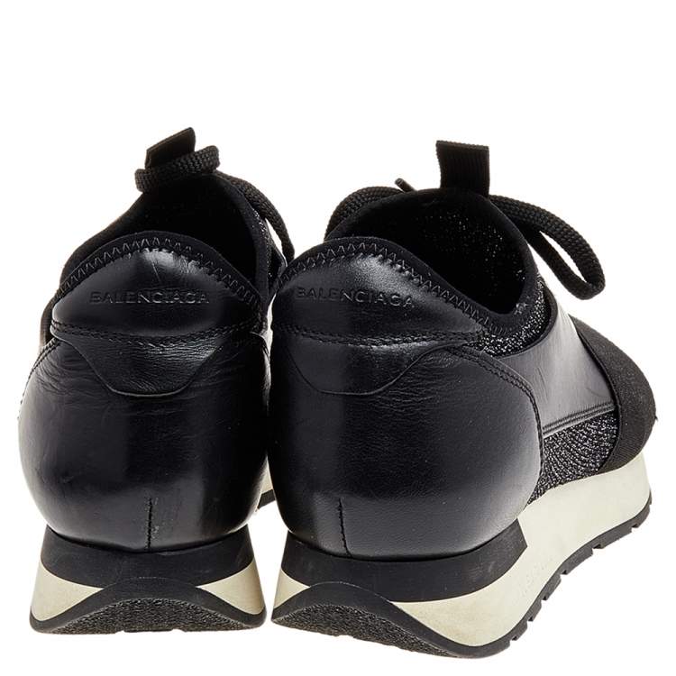 Pre Owned Balenciaga Black/Silver Leather And Knit Fabric Race Runner Low Top Sneakers Size 37