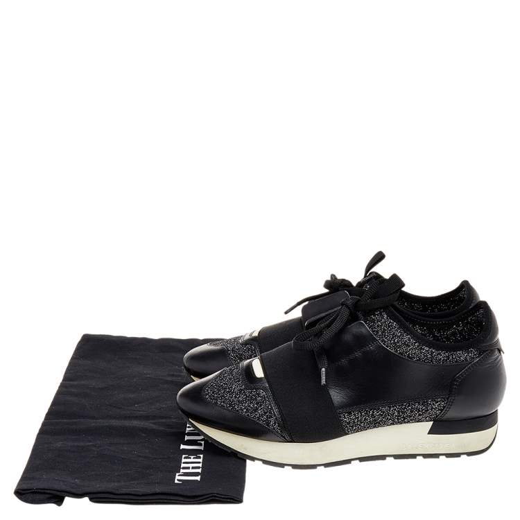 Pre Owned Balenciaga Black/Silver Leather And Knit Fabric Race Runner Low Top Sneakers Size 37