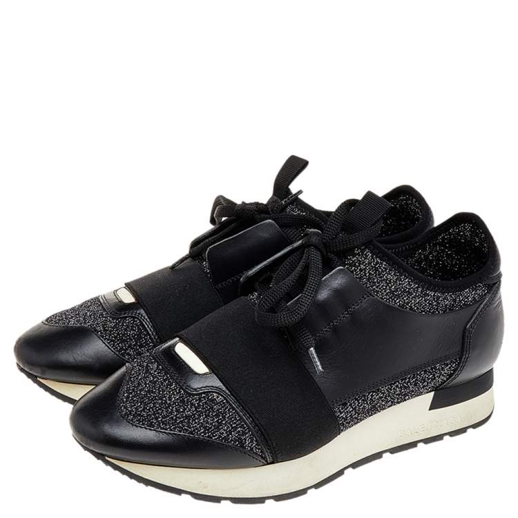 Pre Owned Balenciaga Black/Silver Leather And Knit Fabric Race Runner Low Top Sneakers Size 37
